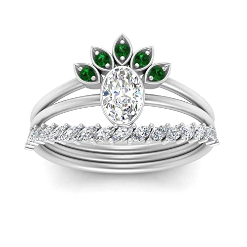 Jewelryonclick Marquise Band With Bezel Set Solitaire Ring 925 Sterling Silver Created Emerald Oval shape Green color Trio Wedding Ring Sets bezel Setting in Size 6 Fashion Jewelry