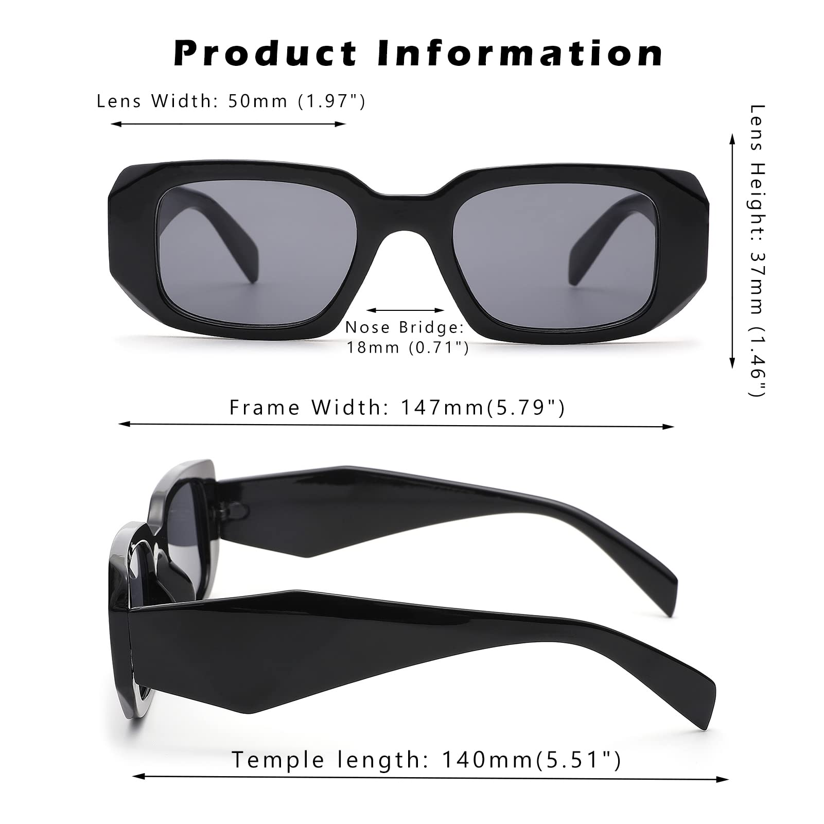 COASION Retro 90s Rectangle Sunglasses for Women Fashion Sun Glasses Vintage Small Square Frame UV400 Protection Eyewear (Black/Grey)