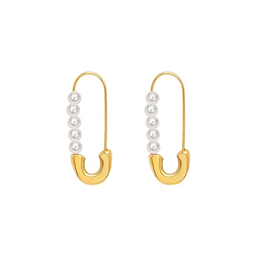 Retro Pearl Safety Pin Cartilage Hoop Earrings for Women Girls Stainless Steel Imitation Pearls Cute Hoops Dangle Drop Fashion Hypoallergenic Jewelry Gifts 25mm (Gold)