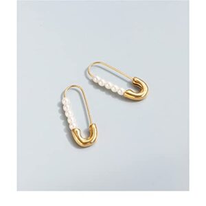 Retro Pearl Safety Pin Cartilage Hoop Earrings for Women Girls Stainless Steel Imitation Pearls Cute Hoops Dangle Drop Fashion Hypoallergenic Jewelry Gifts 25mm (Gold)