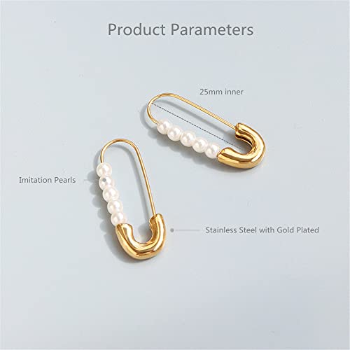 Retro Pearl Safety Pin Cartilage Hoop Earrings for Women Girls Stainless Steel Imitation Pearls Cute Hoops Dangle Drop Fashion Hypoallergenic Jewelry Gifts 25mm (Gold)