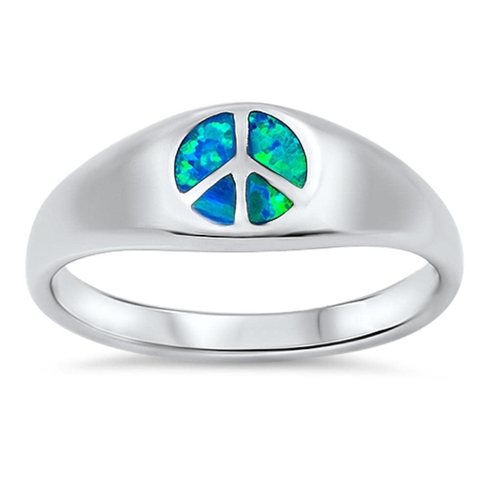 Unique Peace Sign Love Ring Blue Simulated Opal .925 Sterling Silver Band Size 10