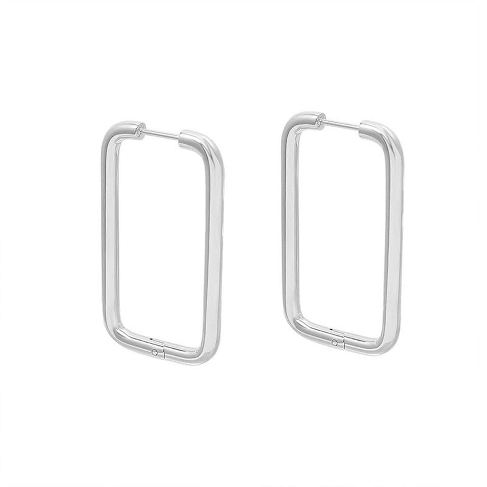 18K White Gold Plated Silver Big Rectangle Hoop Earrings for Women Stainless Steel Hypoallergenic for Sensitive Ears Large Geometric Huggie Hoops Dangle Drop Fashion Minimalist Jewelry 40mm