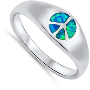 Unique Peace Sign Love Ring Blue Simulated Opal .925 Sterling Silver Band Size 10