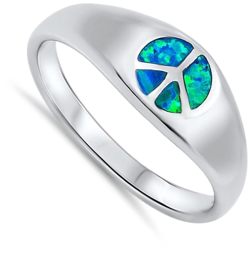 Unique Peace Sign Love Ring Blue Simulated Opal .925 Sterling Silver Band Size 10