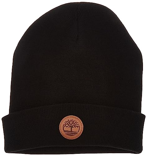 Timberland Men's Cuffed Beanie with Leather Logo Patch, Black, One Size