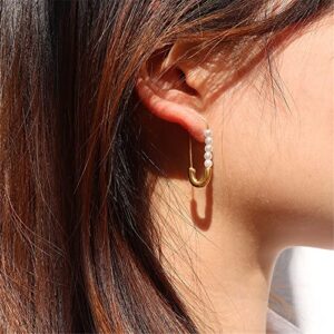 Retro Pearl Safety Pin Cartilage Hoop Earrings for Women Girls Stainless Steel Imitation Pearls Cute Hoops Dangle Drop Fashion Hypoallergenic Jewelry Gifts 25mm (Gold)