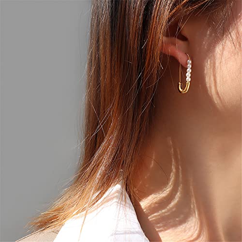 Retro Pearl Safety Pin Cartilage Hoop Earrings for Women Girls Stainless Steel Imitation Pearls Cute Hoops Dangle Drop Fashion Hypoallergenic Jewelry Gifts 25mm (Gold)