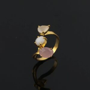 Handmade Moonstone & White Agate & Chalcedony Gemstone Adjustable Ring | Three Stone Brass Gold Plated Wholesale Jewelry | Prong Sett Pear & Round & Oval Shape Women Ring | 1834)4F