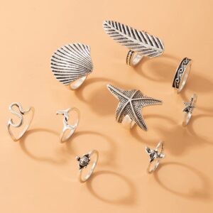 Missgrace 9Pcs Silver Dainty Simple Leaf Starfish Shell Knuckle Stacking Rings Set for Women Teen Girls Boho Vintage Finger Rings Stackable Silver Midi Rings Set Multiple Rings for Women and Girls Size 4.5-8