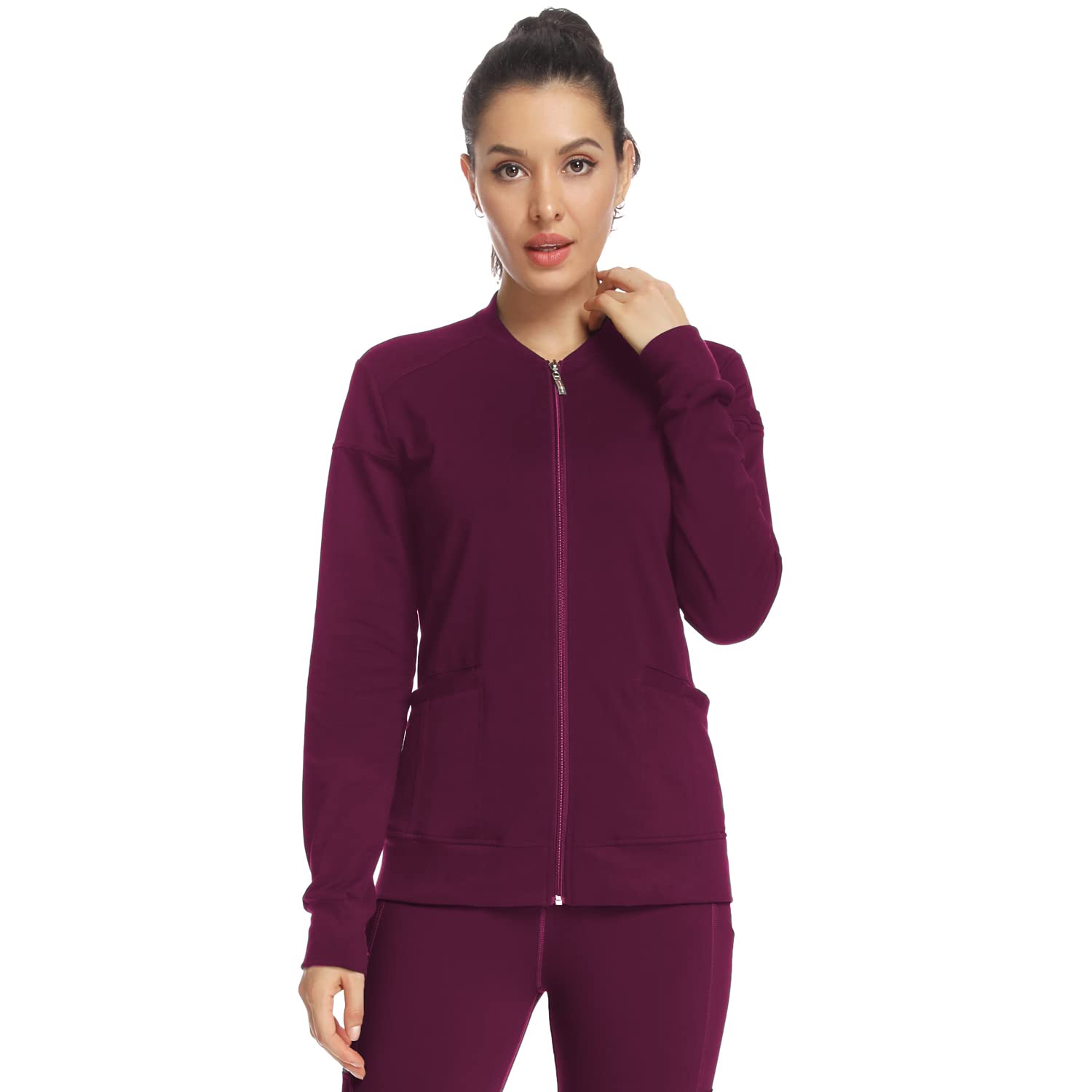 JEYONG Women's Zip Front Warm-Up Jacket (Wine Red, Small)