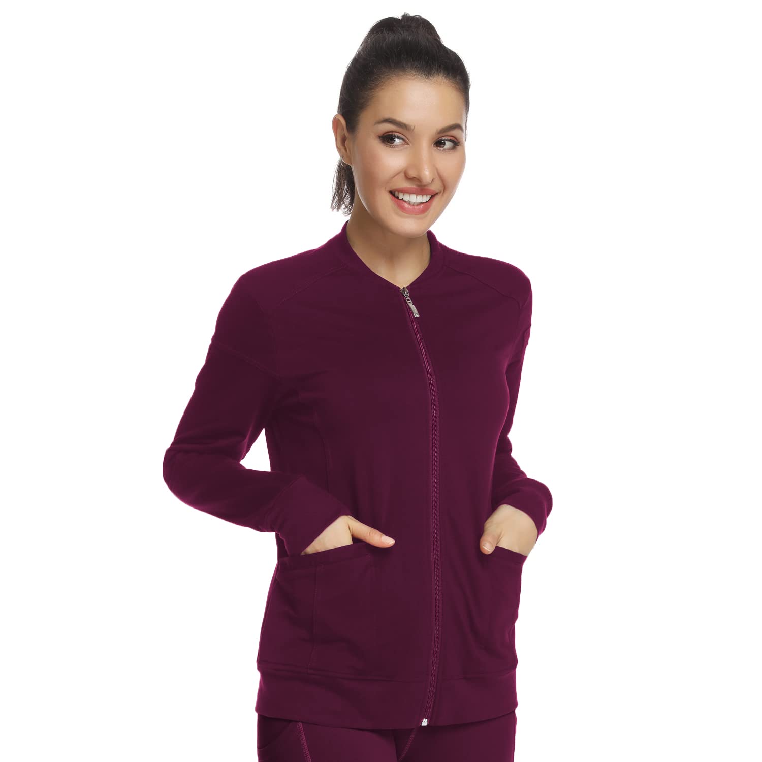 JEYONG Women's Zip Front Warm-Up Jacket (Wine Red, Small)