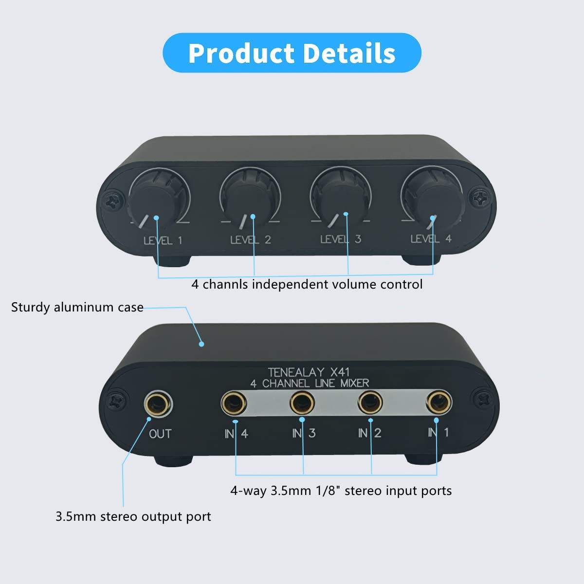 TENEALAY 4 Way Audio mixer Stereo line levels control Box mini passive mixer (X41)