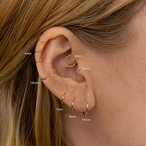 Motbegit Small Gold Hoop Earrings: 14K Gold Plated Huggie Hoop Earrings for Cartilage Helix Tragus 18g Tiny Thin Hoop Earrings for Women Men