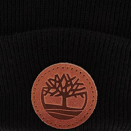 Timberland Men's Cuffed Beanie with Leather Logo Patch, Black, One Size