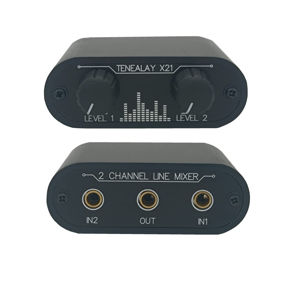 TENEALAY 2 Way Audio mixer 3.5mm Un-powered mixer, 2 to 1 Stereo aux 3.5mm line levels control Box mini passive mixer X21