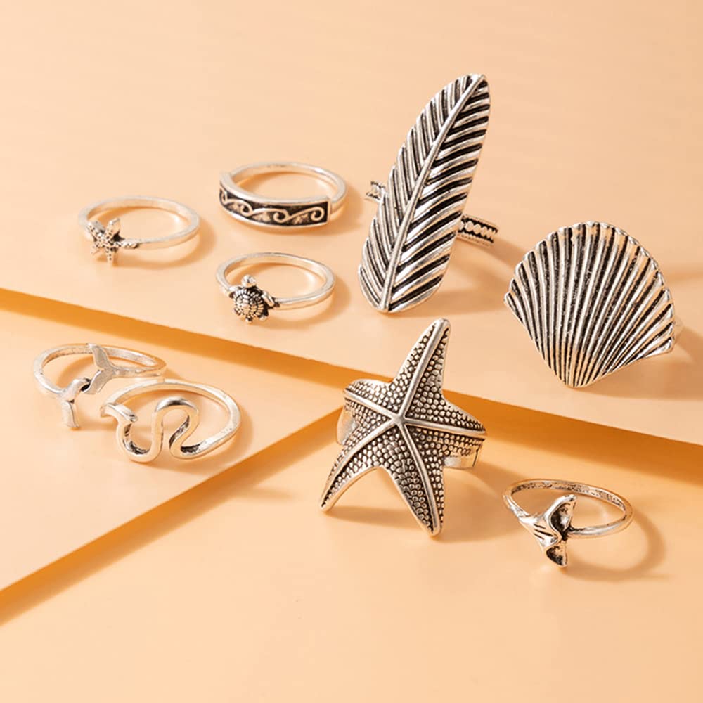 Missgrace 9Pcs Silver Dainty Simple Leaf Starfish Shell Knuckle Stacking Rings Set for Women Teen Girls Boho Vintage Finger Rings Stackable Silver Midi Rings Set Multiple Rings for Women and Girls Size 4.5-8