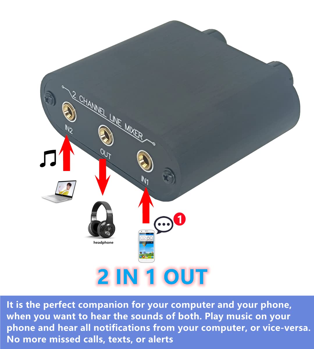 TENEALAY 2 Way Audio mixer 3.5mm Un-powered mixer, 2 to 1 Stereo aux 3.5mm line levels control Box mini passive mixer X21