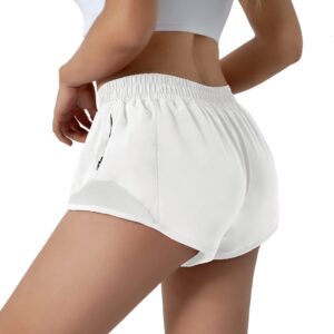 Aurefin Running Shorts for Women,Quick Dry Athletic Sports Shorts Lightweight Active Workout Gym Shorts with Zip Pocket White/M