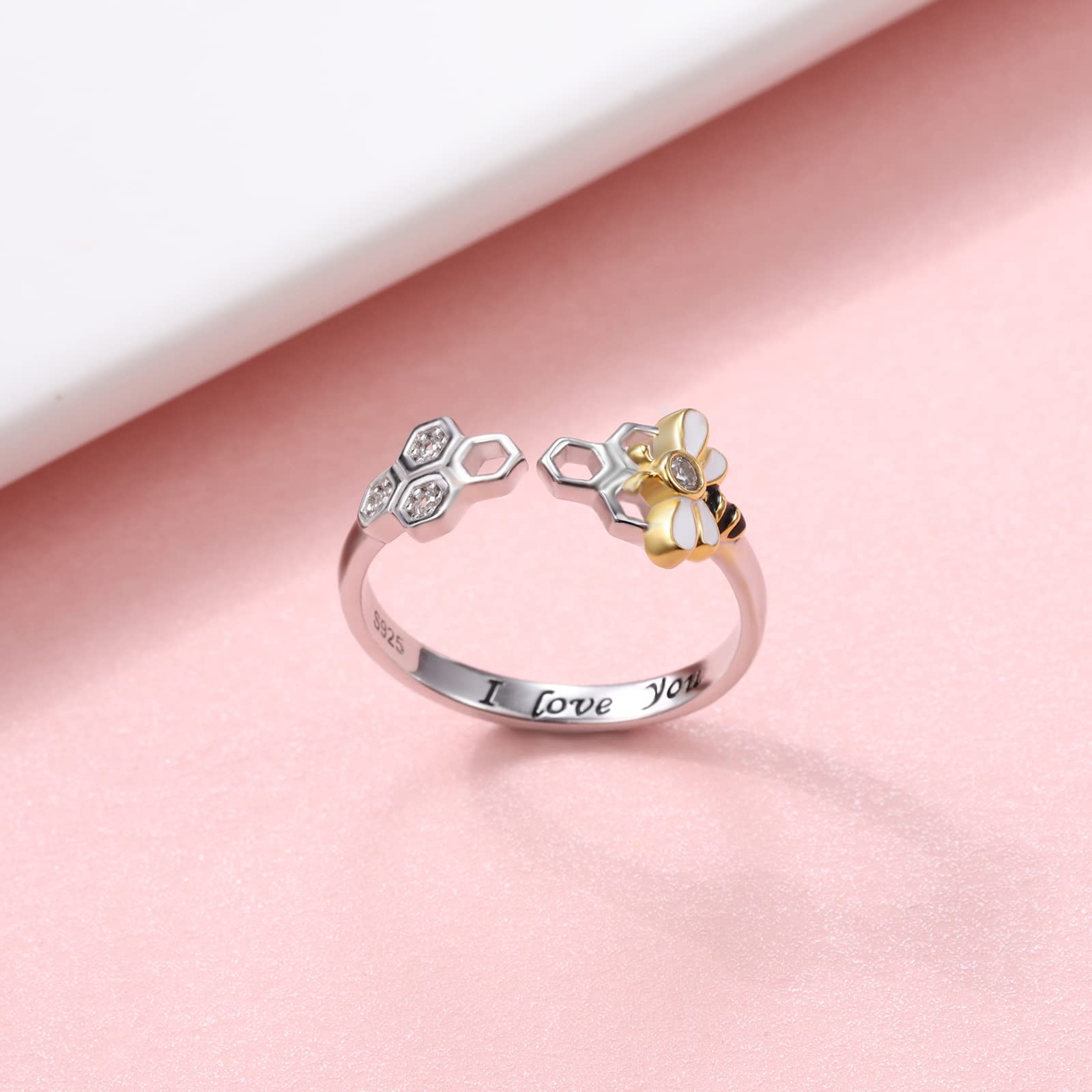 925-Sterling-Silver Honeycomb Bumble Bee Ring - I Love You Adjustable Gold Honey Bee Rings with Enamel CZ Cute Animal Beehive Nature Jewelry Gifts for Women (Honeycomb Bee Ring)