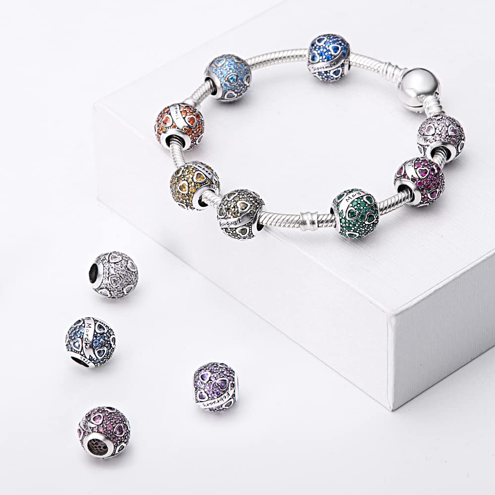 LongLuck 925 Sterling Silver Birthstone Charms fits Pandora Charms Bracelets for Woman，with 5A Cubic Zirconia Dangle Pendant Bead,Happy Birthday Charms for Bracelet and Necklace Valentine's Day