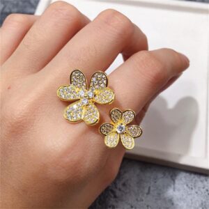 Double Clover Rings for women Luxury 18K Gold Plated AAA cubic Zirconia Adjustable Ring (Gold) (Z300)