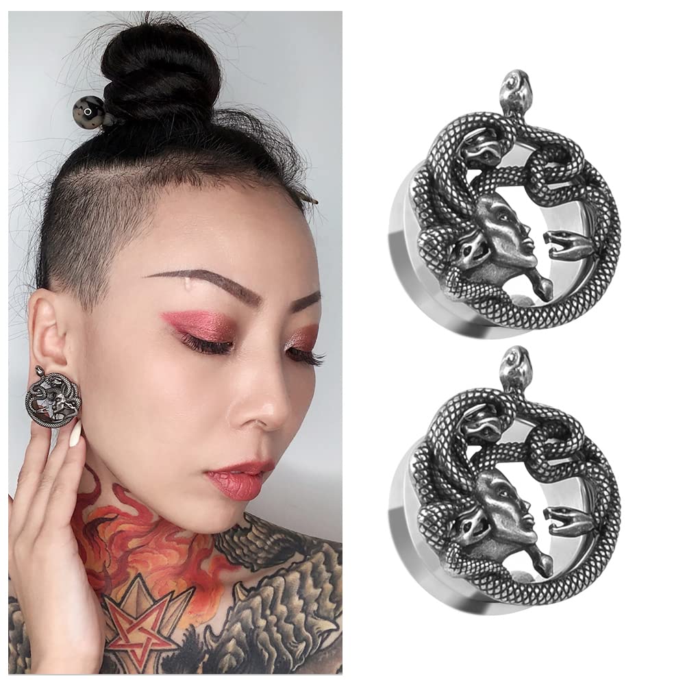 POBAISITER 1 Pair Stainless Steel Ear Gauges Tunnels Medusa Lady Head With Snake hair Silver Vintage 0g-1 Inch Double Flare For Men For Women