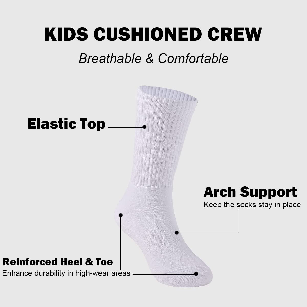 Marchare Boys Socks Kids Cushioned Crew Socks Girls Thick Cotton Athletic Running Socks White 6 Pack