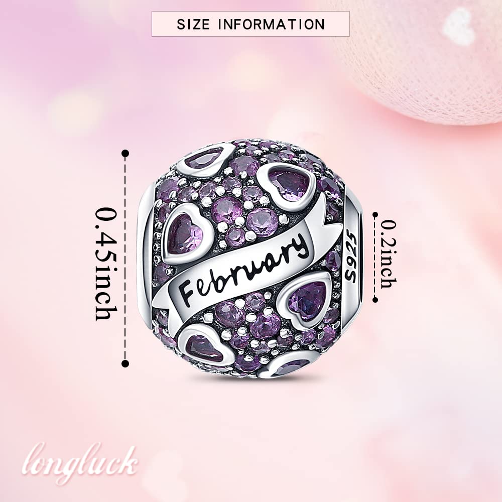 LongLuck 925 Sterling Silver Birthstone Charms fits Pandora Charms Bracelets for Woman，with 5A Cubic Zirconia Dangle Pendant Bead,Happy Birthday Charms for Bracelet and Necklace Valentine's Day