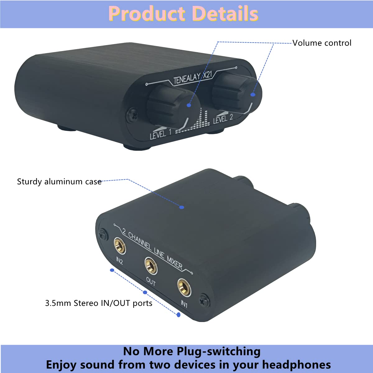 TENEALAY 2 Way Audio mixer 3.5mm Un-powered mixer, 2 to 1 Stereo aux 3.5mm line levels control Box mini passive mixer X21