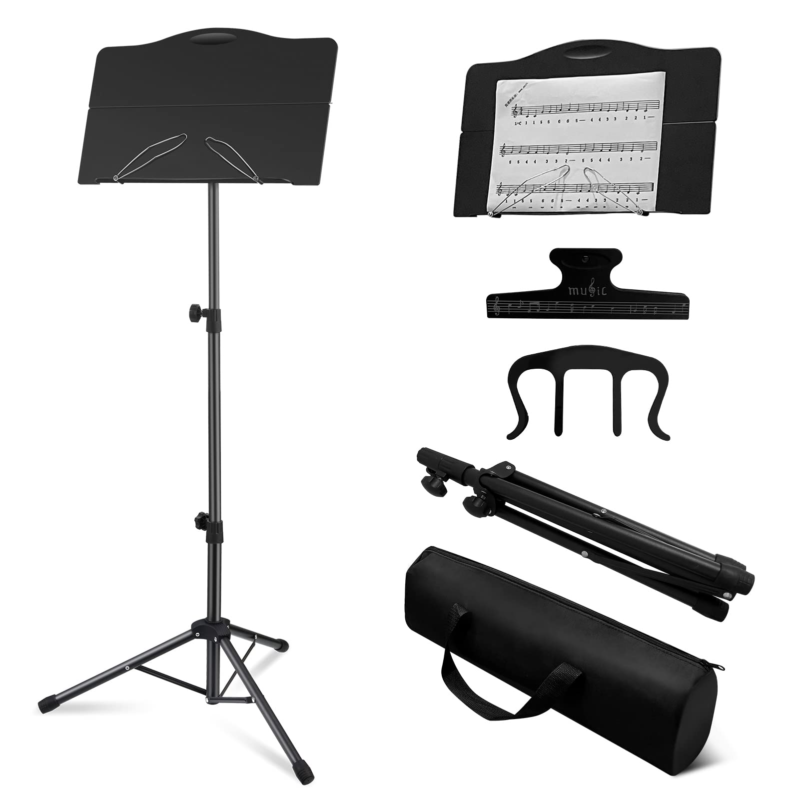 OUKMIC Music Stand, Folding Sheet Music Stand with Carrying Bag, Portable and Lightweight Music Book Stand with Instrument Book Clip & Page Holder for Performence, Guitar, Ukulele, Violin Players