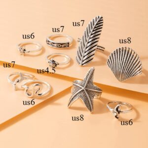 Missgrace 9Pcs Silver Dainty Simple Leaf Starfish Shell Knuckle Stacking Rings Set for Women Teen Girls Boho Vintage Finger Rings Stackable Silver Midi Rings Set Multiple Rings for Women and Girls Size 4.5-8