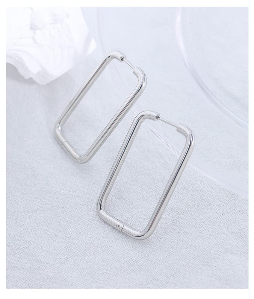 18K White Gold Plated Silver Big Rectangle Hoop Earrings for Women Stainless Steel Hypoallergenic for Sensitive Ears Large Geometric Huggie Hoops Dangle Drop Fashion Minimalist Jewelry 40mm