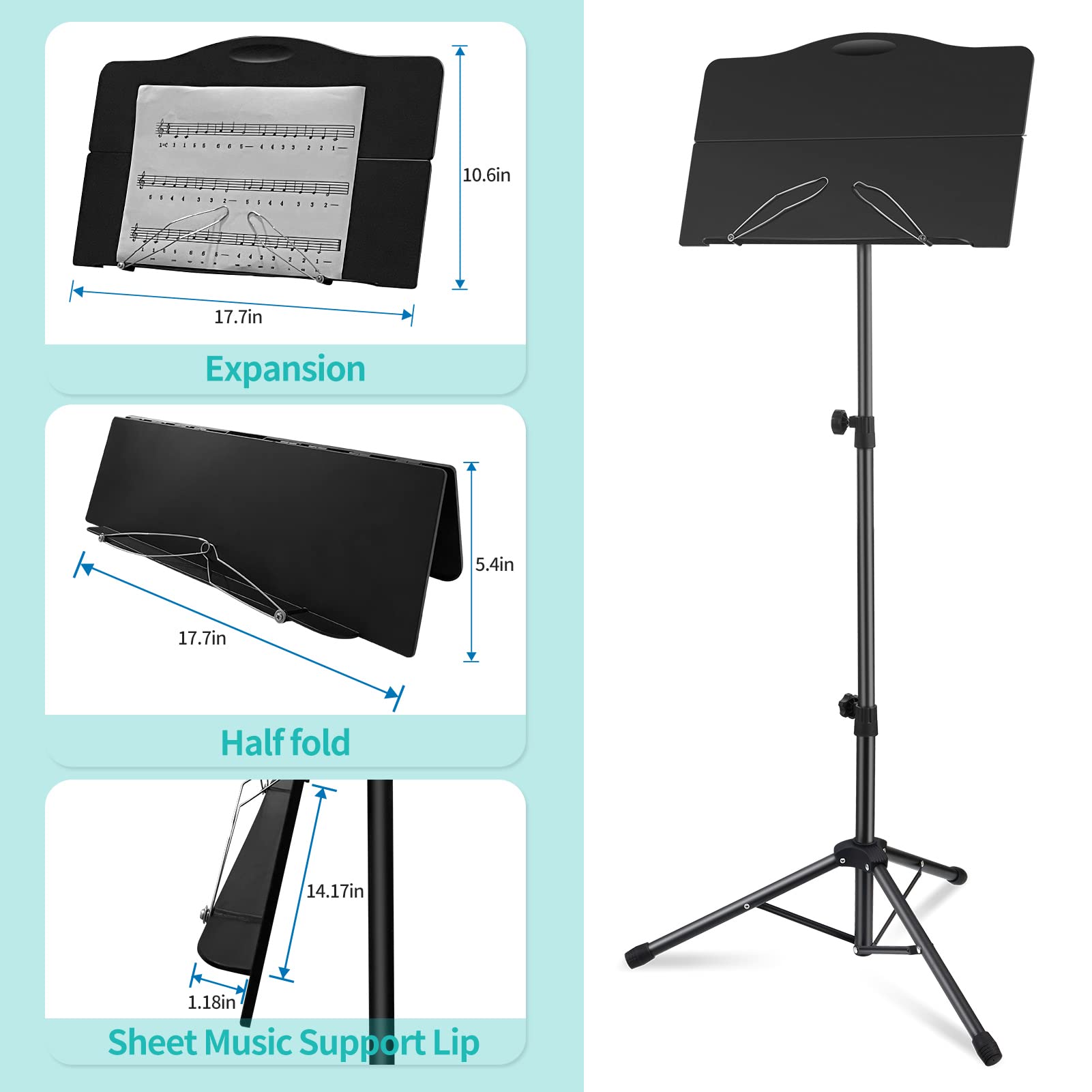 OUKMIC Music Stand, Folding Sheet Music Stand with Carrying Bag, Portable and Lightweight Music Book Stand with Instrument Book Clip & Page Holder for Performence, Guitar, Ukulele, Violin Players