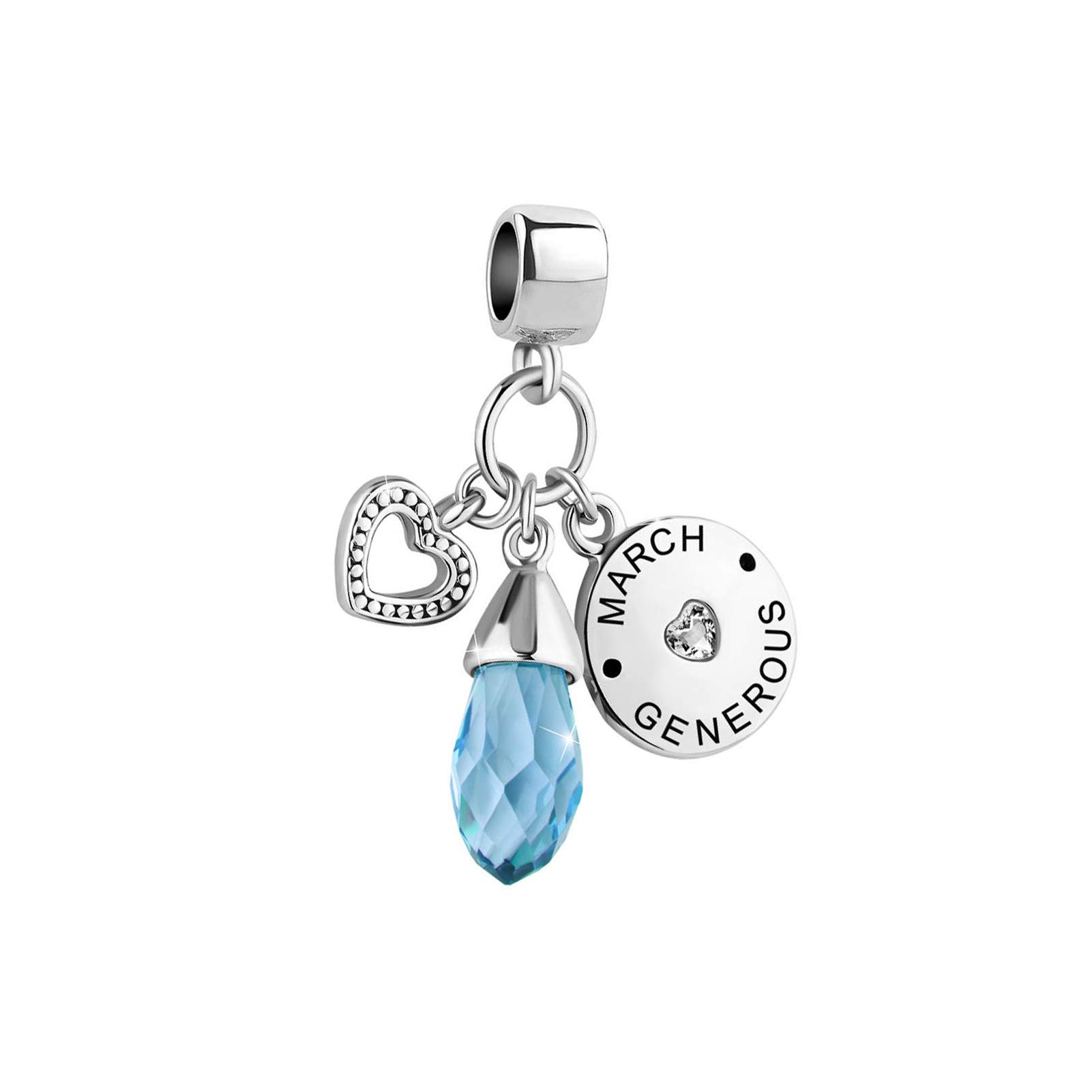 TGLS Sparkling Blue March Birthstone Heart Love Birthday Charm Compatible With Pandora Bracelets and Necklaces