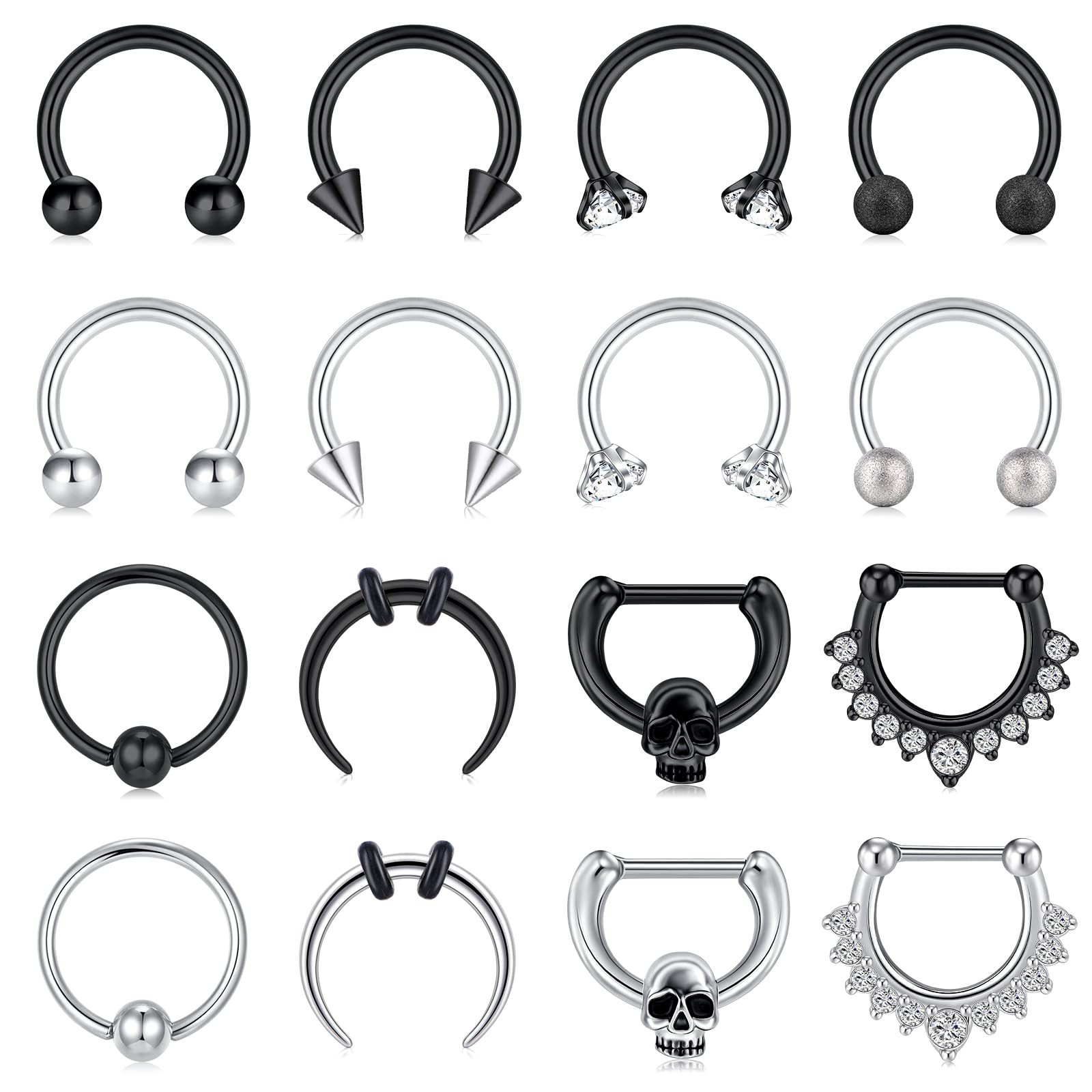 TOKRING 16PCS 16G Septum Nose Rings, Stainless Steel Hinged Seamless Nose Hoop Ring, Piercing Jewelry Horseshoe Helix Tragus Cartilage Earrings for Women Men