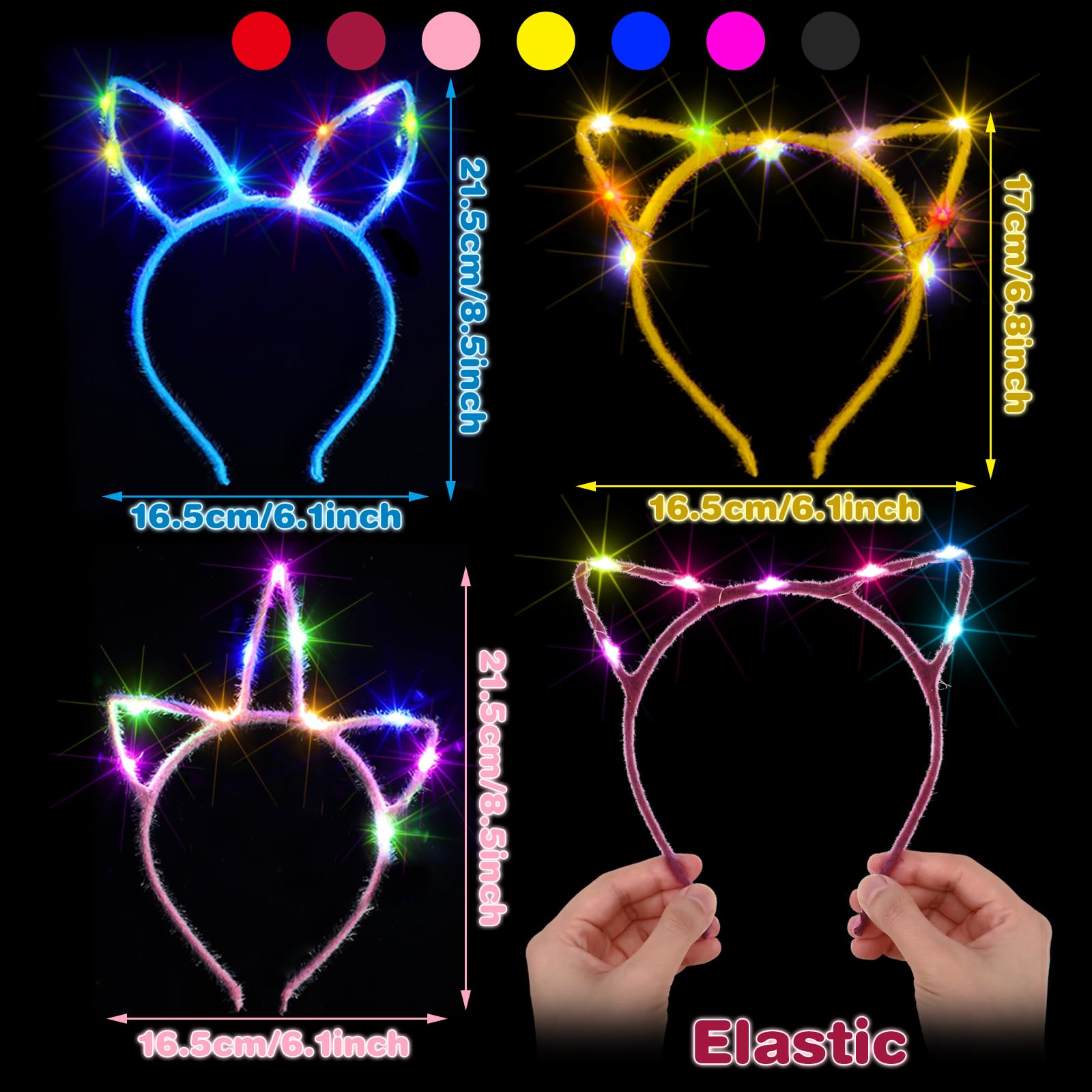 42 Pcs LED Glow in the Dark Headband Set, 14 Unicorn style Light up Headband 14 Cute Cat Ear Luminous Headband 14 Rabbit Bunny Ear Hairband for Party Decorations Women Adult Birthday Gift