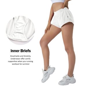 Aurefin Running Shorts for Women,Quick Dry Athletic Sports Shorts Lightweight Active Workout Gym Shorts with Zip Pocket White/XXS