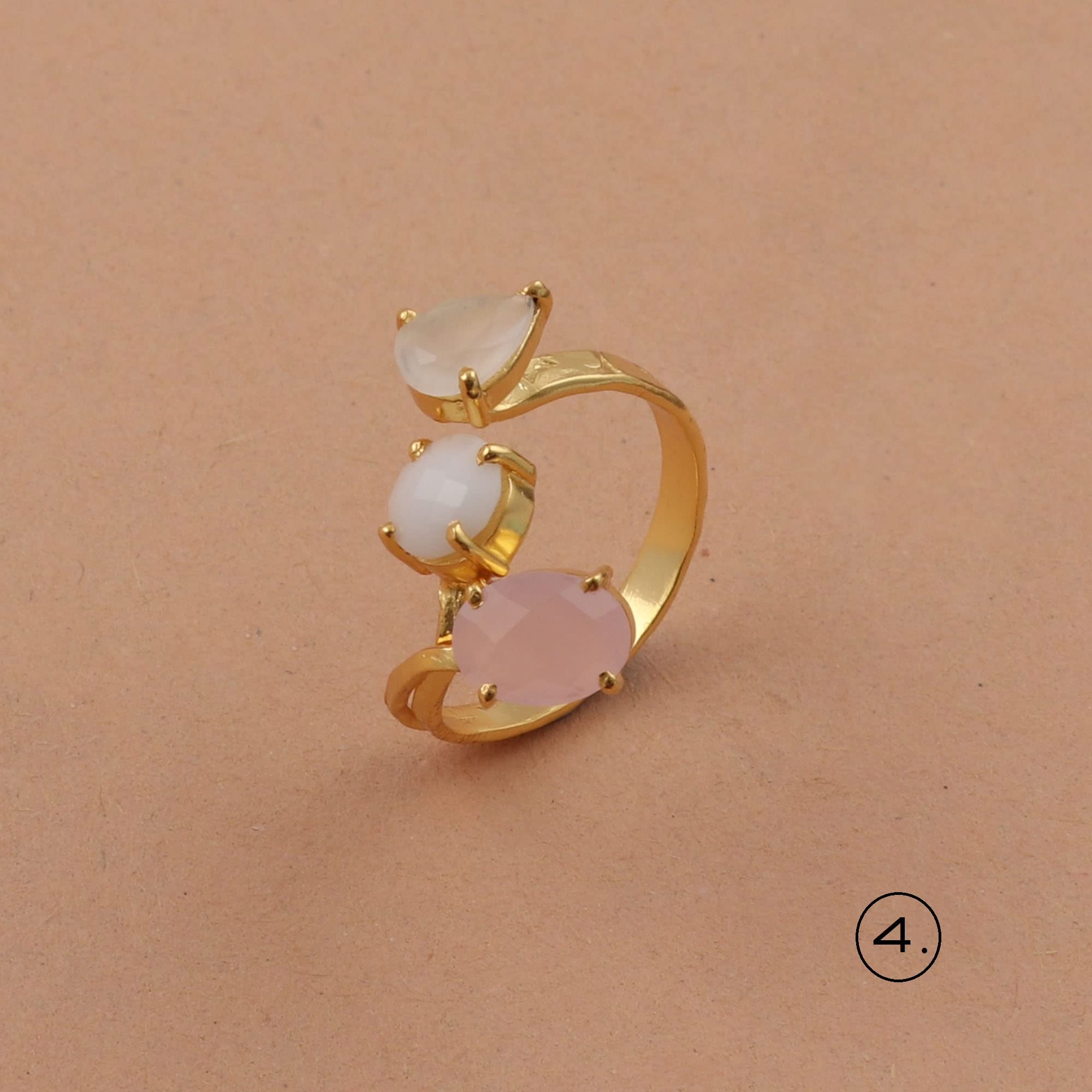 Handmade Moonstone & White Agate & Chalcedony Gemstone Adjustable Ring | Three Stone Brass Gold Plated Wholesale Jewelry | Prong Sett Pear & Round & Oval Shape Women Ring | 1834)4F