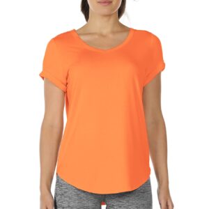 icyzone Open Back Yoga Shirts for Women - Exercise Workout Tops, Athletic Short Sleeves, Running T-Shirts Loose Fit (Orange, L)