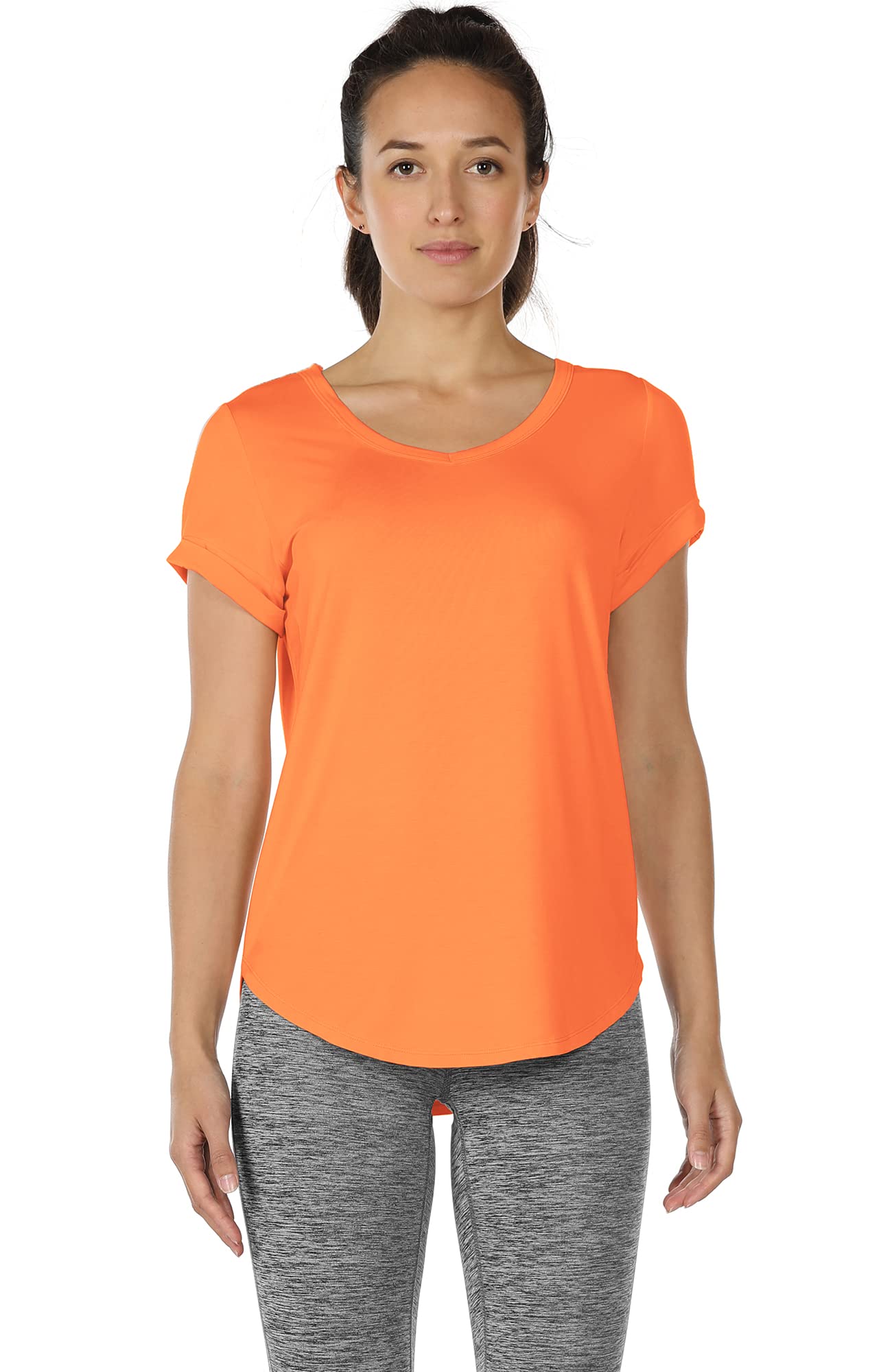 icyzone Open Back Yoga Shirts for Women - Exercise Workout Tops, Athletic Short Sleeves, Running T-Shirts Loose Fit (Orange, L)