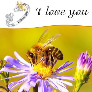 925-Sterling-Silver Honeycomb Bumble Bee Ring - I Love You Adjustable Gold Honey Bee Rings with Enamel CZ Cute Animal Beehive Nature Jewelry Gifts for Women (Honeycomb Bee Ring)