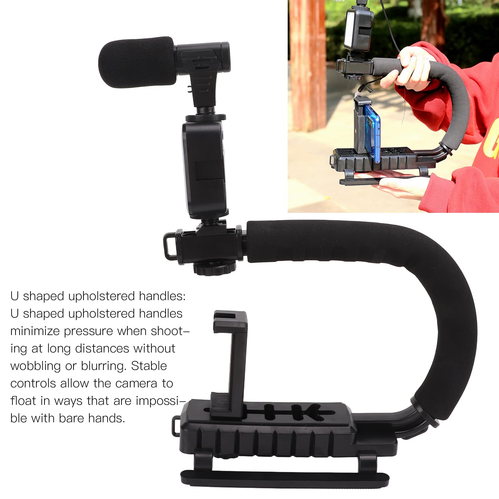 Handheld Camera Stabilizer, Blur Prevention 1/4 Inch Thread Upholstered Handle Hot Shoe Interface U-Shaped Camera Stabilizer for Outdoor Shooting