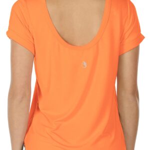 icyzone Open Back Yoga Shirts for Women - Exercise Workout Tops, Athletic Short Sleeves, Running T-Shirts Loose Fit (Orange, L)