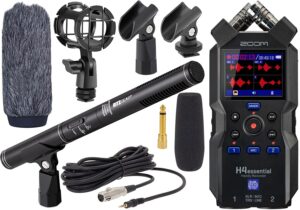 zoom h4essential new h4n 4-track recorder with ritz gear professional video, cinema and broadcasting shotgun microphone for indoor & outdoor film, interview & studio complete recording kit (black)