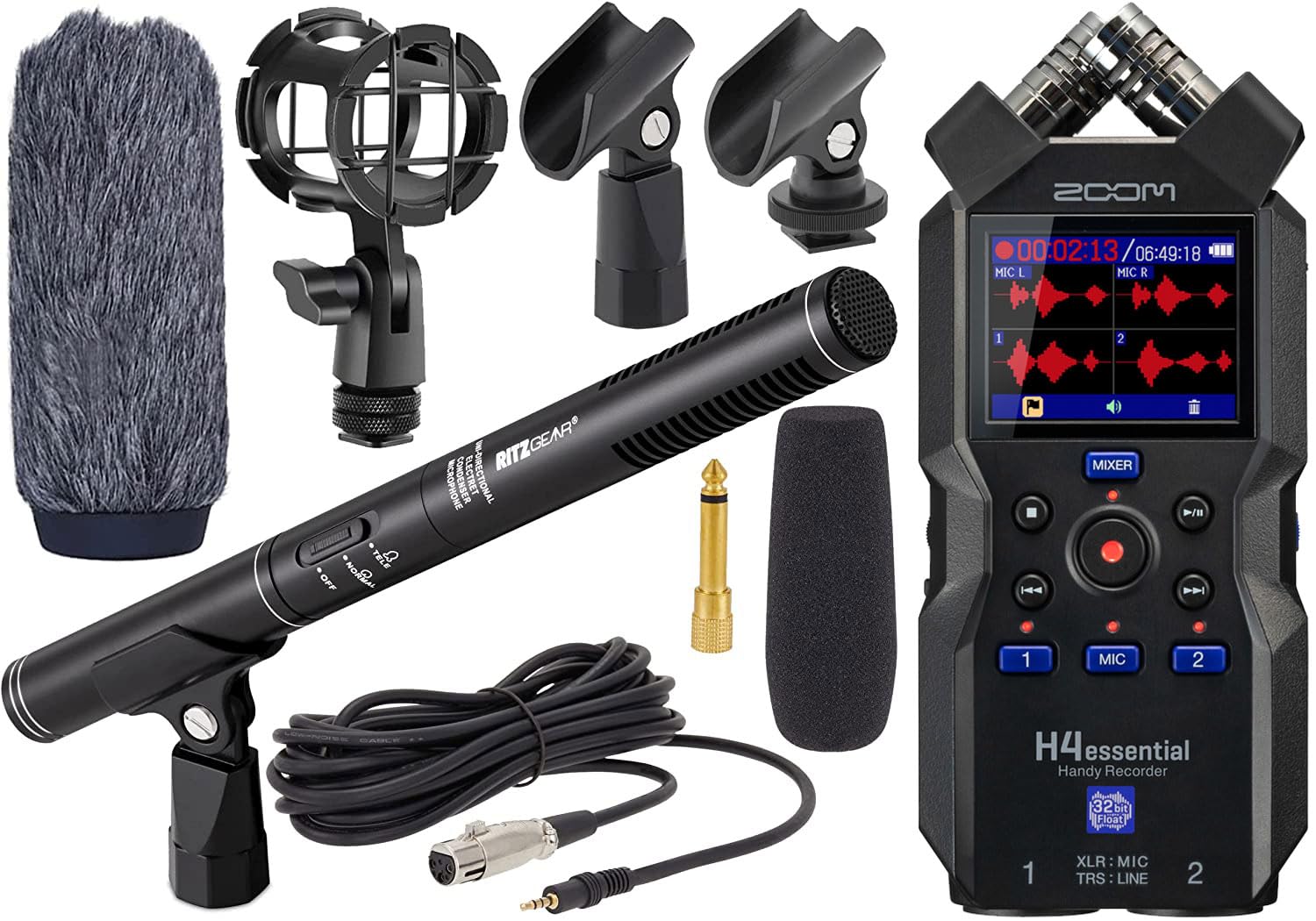 Zoom H4essential New H4n 4-Track Recorder with Ritz Gear Professional Video, Cinema and Broadcasting Shotgun Microphone for Indoor & Outdoor Film, Interview & Studio Complete Recording Kit (Black)