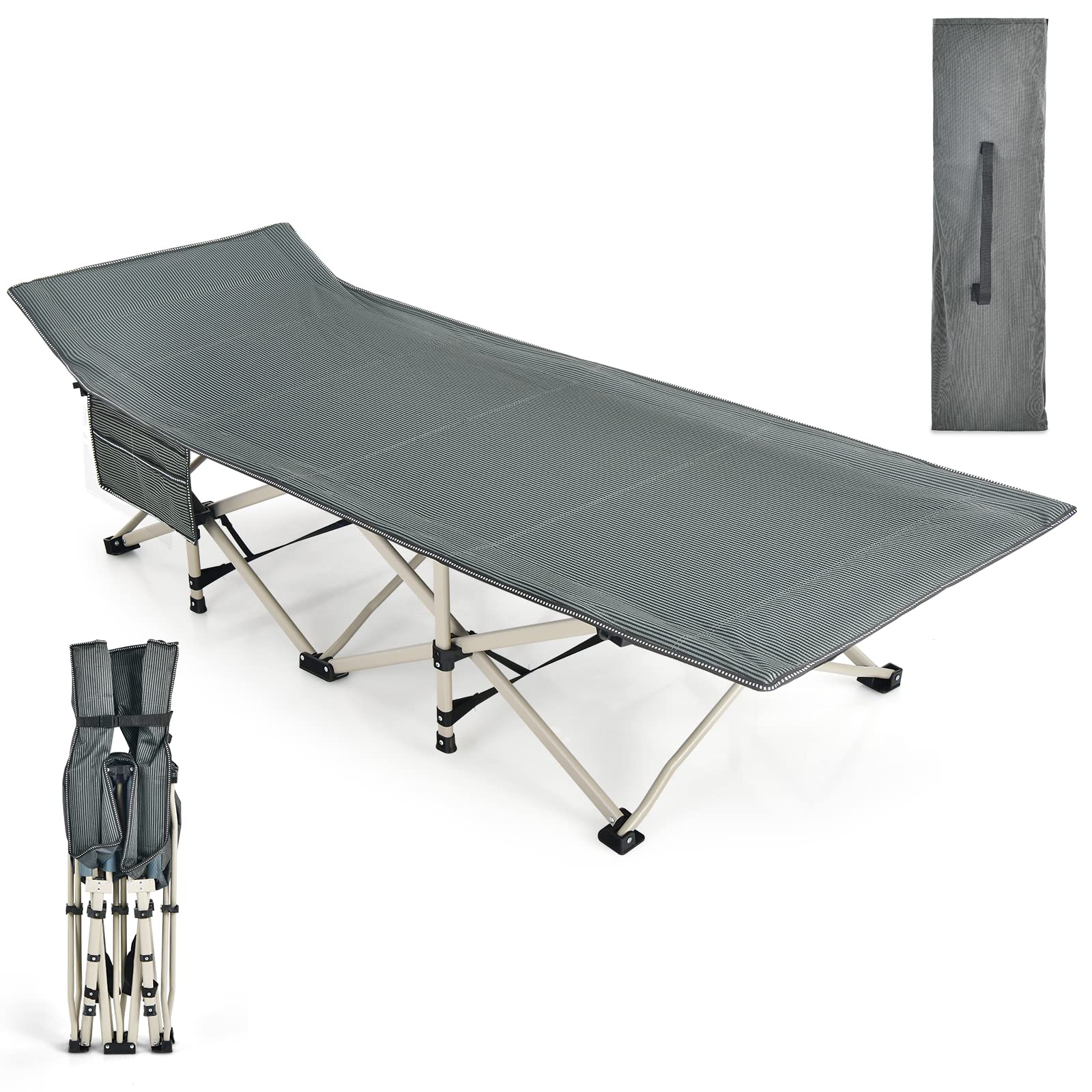 GYMAX Camping Cot, 882 LBS Folding Camping Cot for Adult with Carry Bag & Side Pocket, Heavy Duty Quick Folding Design Camping Bed for Sleeping/Nap, Portable Lightweight Military Cot (1, Grey)