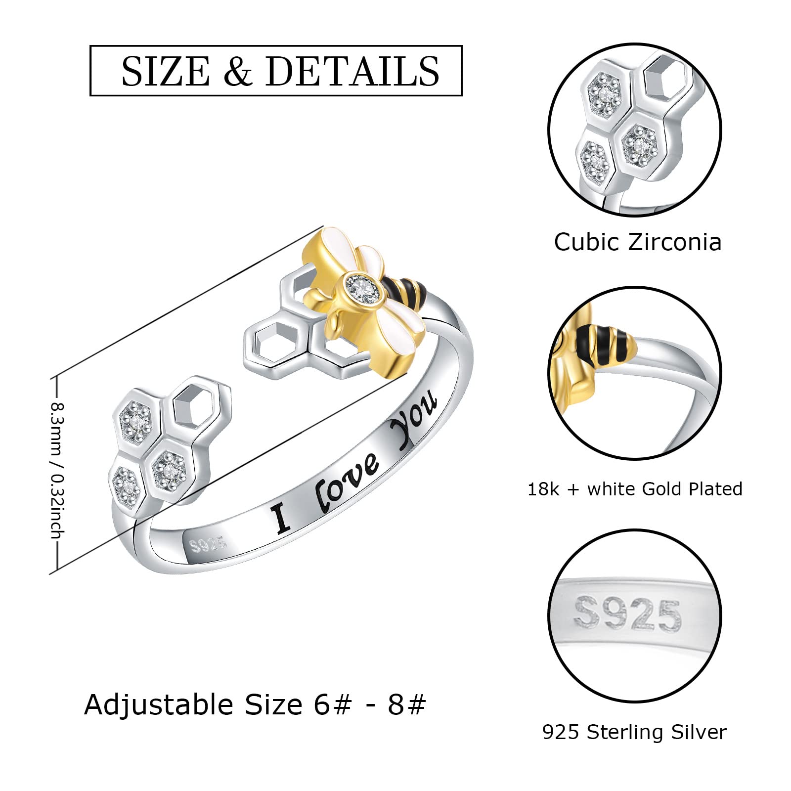 925-Sterling-Silver Honeycomb Bumble Bee Ring - I Love You Adjustable Gold Honey Bee Rings with Enamel CZ Cute Animal Beehive Nature Jewelry Gifts for Women (Honeycomb Bee Ring)