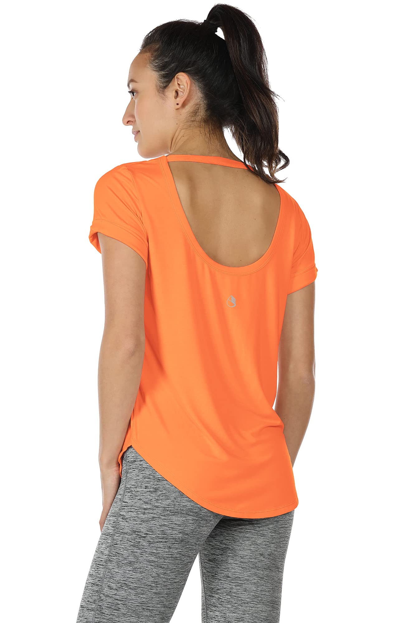 icyzone Open Back Yoga Shirts for Women - Exercise Workout Tops, Athletic Short Sleeves, Running T-Shirts Loose Fit (Orange, L)