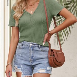 MEROKEETY Women's Short Sleeve V Neck Ribbed Knit Button T Shirts Henley Solid Color Summer Tops, Green, M